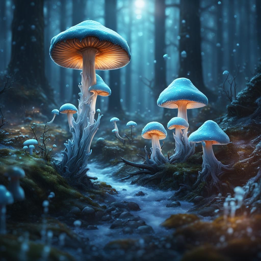 Icy Mushrooms in Forest: Detailed Matte Painting