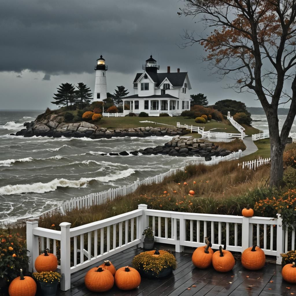 Rhode Island Coastal Cottage View in Autumn Storm