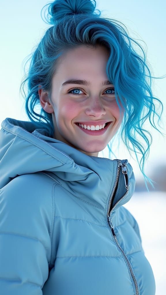 Cheerful Blue-Haired Girl in Sportswear, Matte Painting