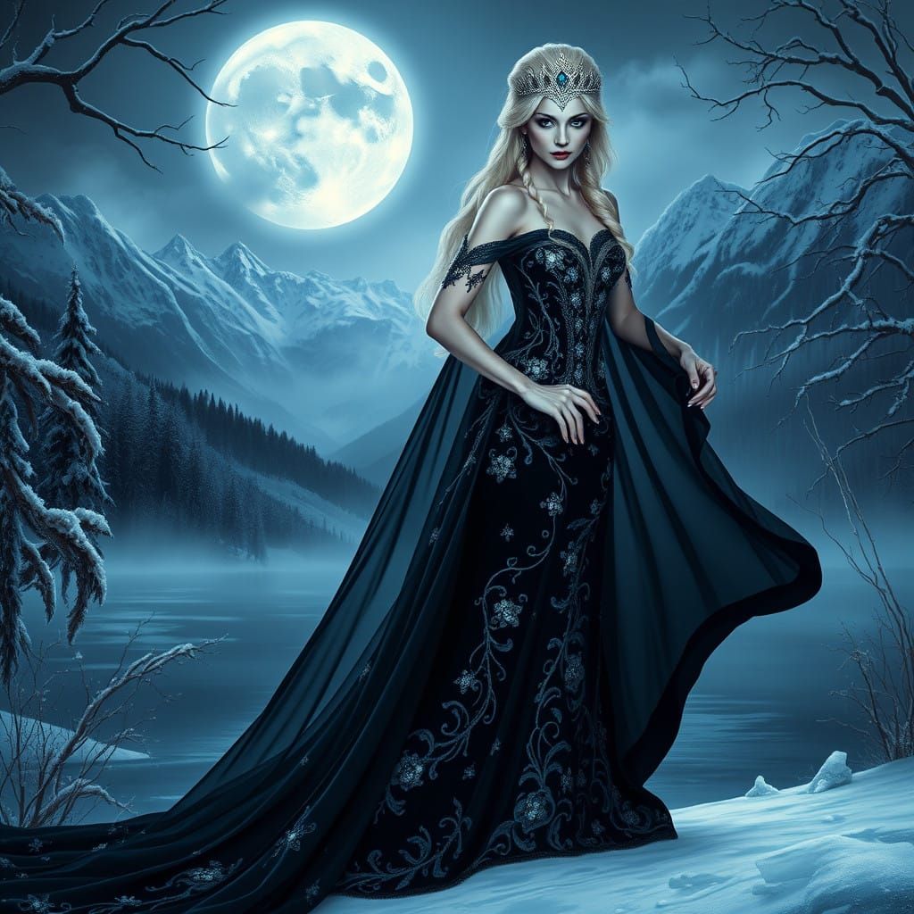 "Princess Elsa is a vampire femme fatale, standing with dynamic posture. She wears a stunning black dress embellished wi...