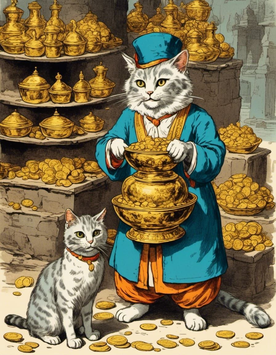 Anthropomorphic Cat Merchant Selling Gold in India