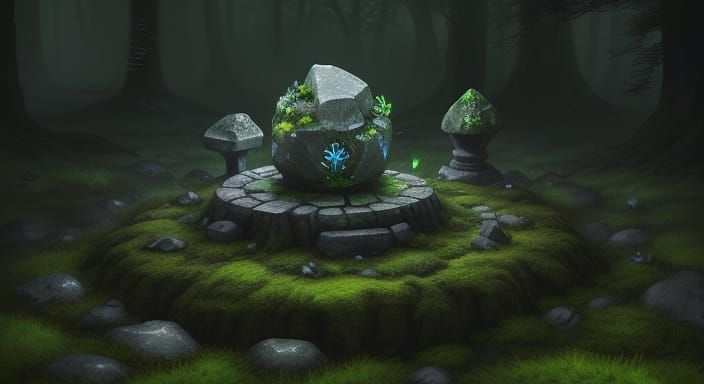 Mysterious Glowing Rune Stone in Enchanted Forest