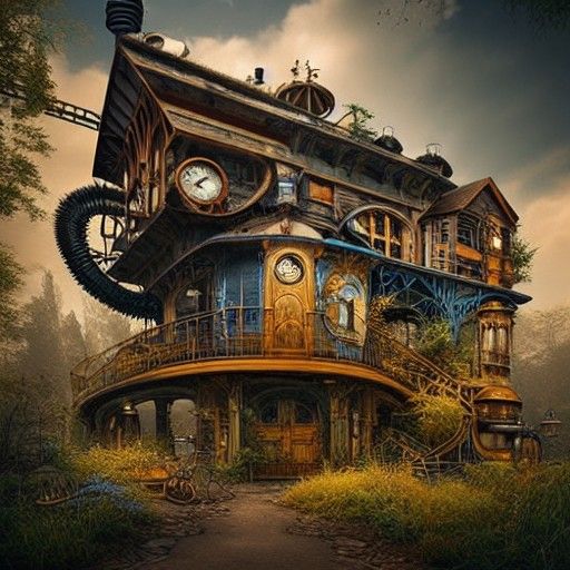 Blue Golden Steampunk Woodshop by River, Hyperrealistic Matt...