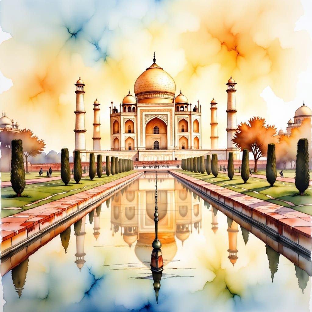 Taj Mahal at Dawn in Watercolour and Ink