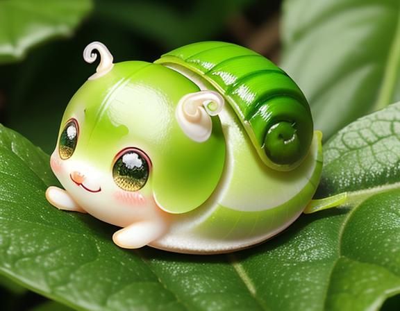 Adorable Chibi Green Snail Smiling on a Leaf