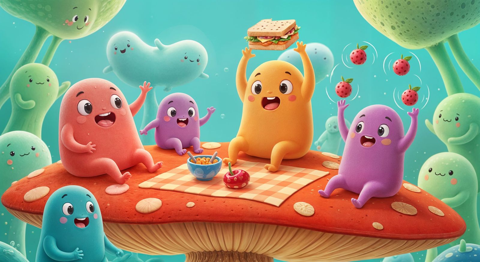 Cheerful Microbes Picnic on Giant Mushroom, Cartoon Style