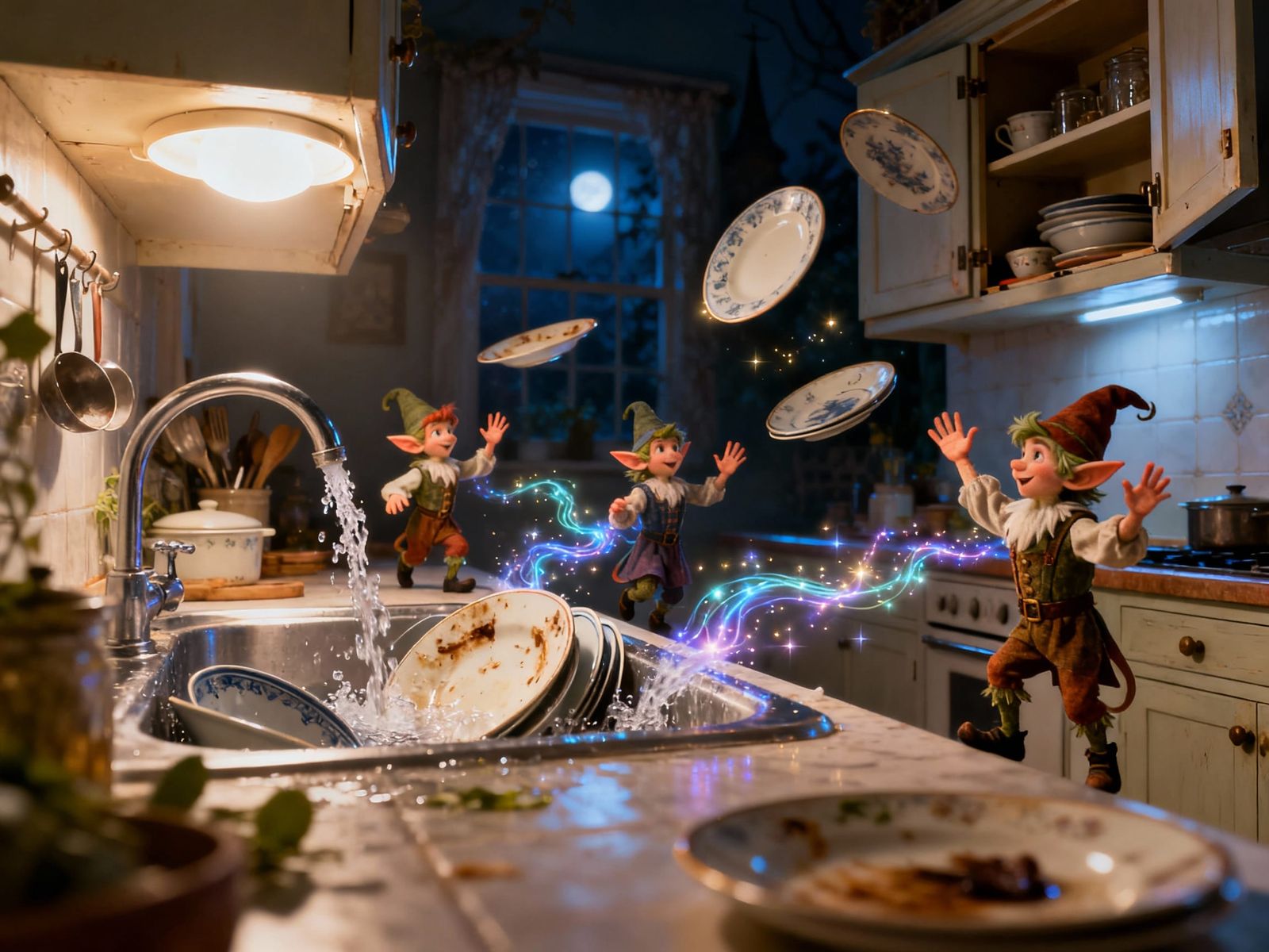 Tiny House Elves Clean Kitchen in Surreal Night Scene