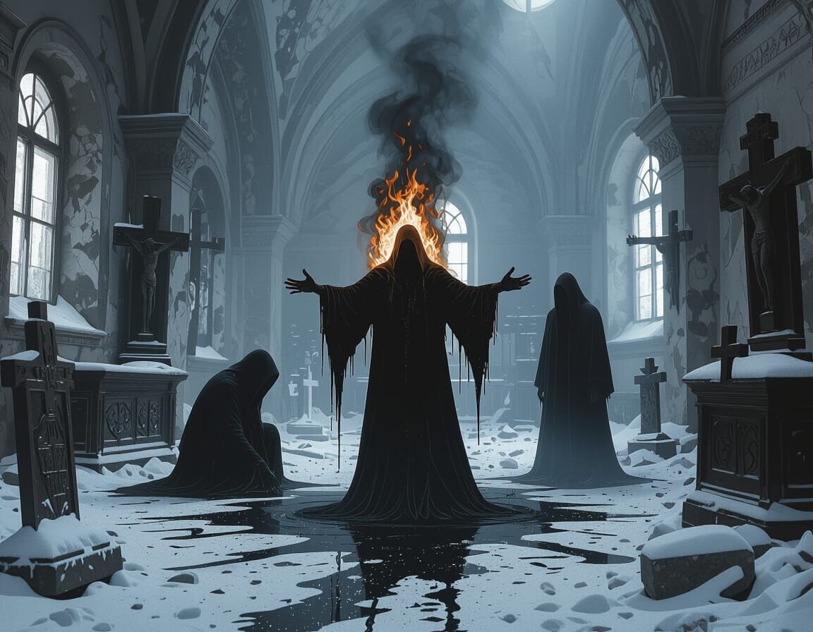 Frozen Orthodox Church with Shadowy Figures in Sinister Styl...