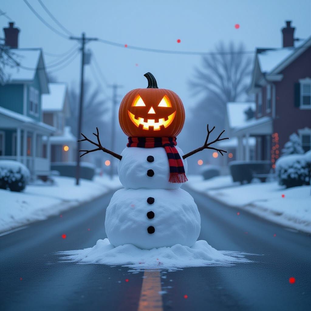 Creepy Snowman with Jack-o'-Lantern Head on Halloween Road