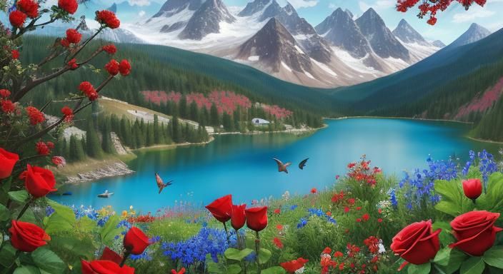 Songbirds and Wildlife by Lakeside Mountain Scene