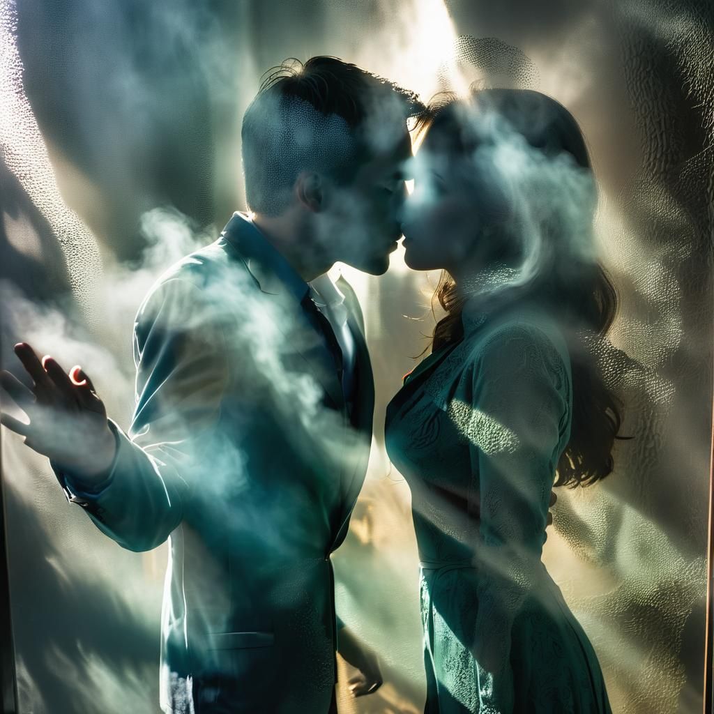 Shadowy Kiss Behind Frosted Glass