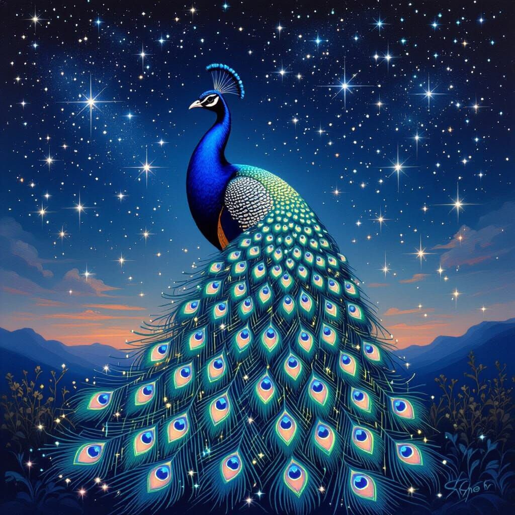 Majestic Peacock with Diamond Feathers in Starry Sky