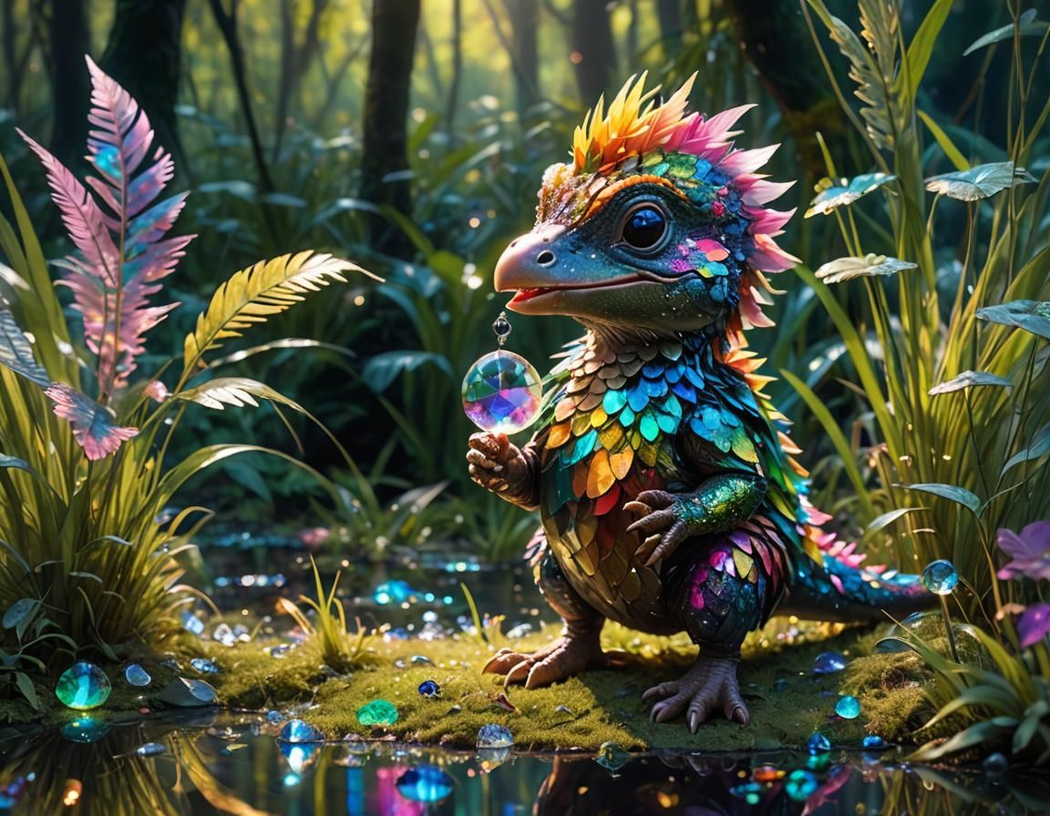 Rainbow Dinosaur Bird in Crystalline Forest