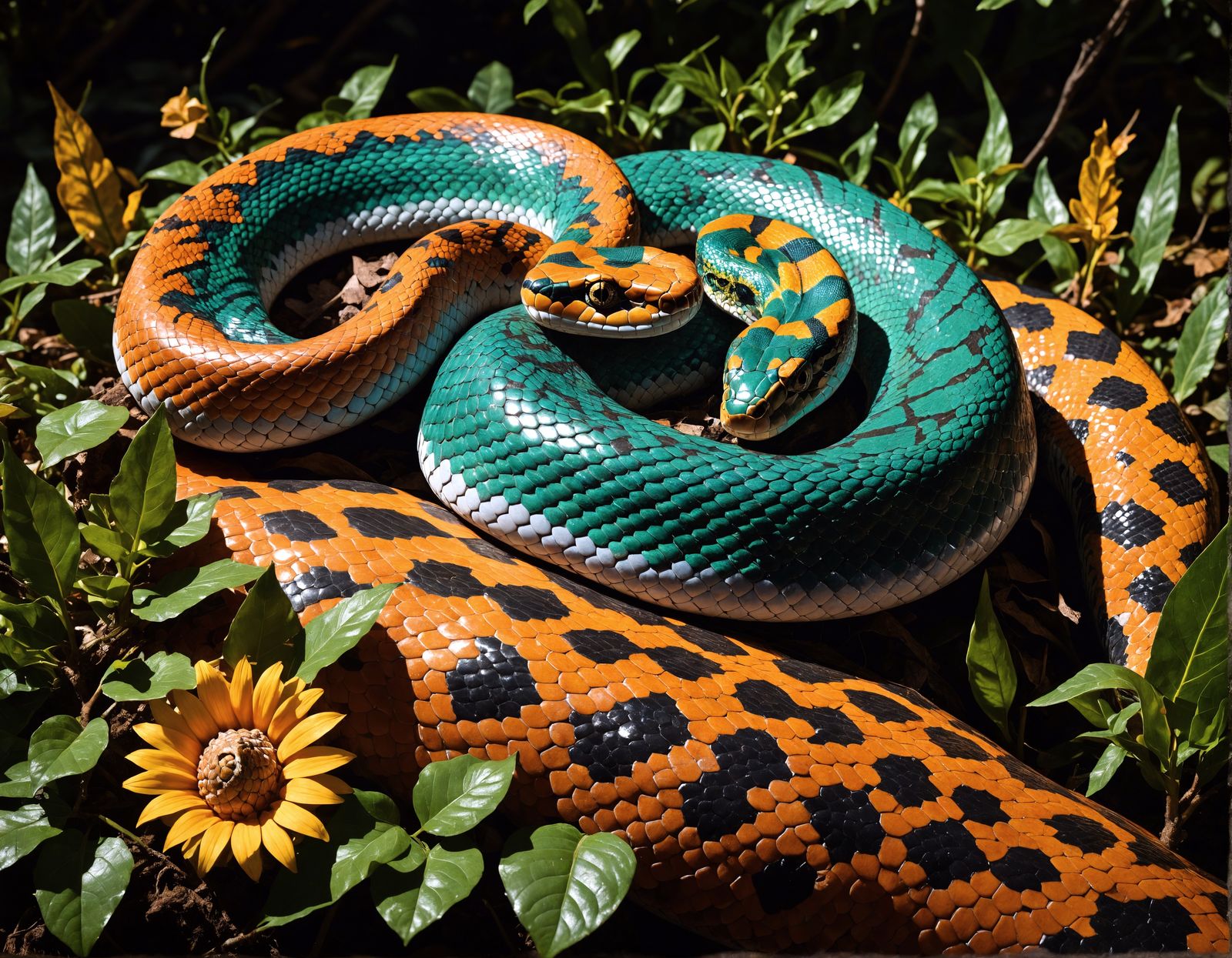 Giant Snake with Psychedelic Patterns in Sunlight