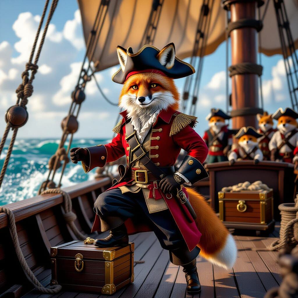Pirate Fox Captain on Ship Deck in Cinematic Style