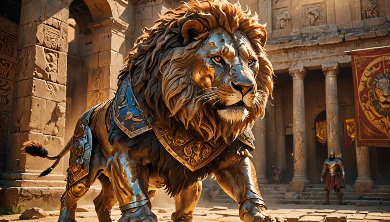 Lion Gladiator in Sunlit Arena: Hyperrealistic Splash Art