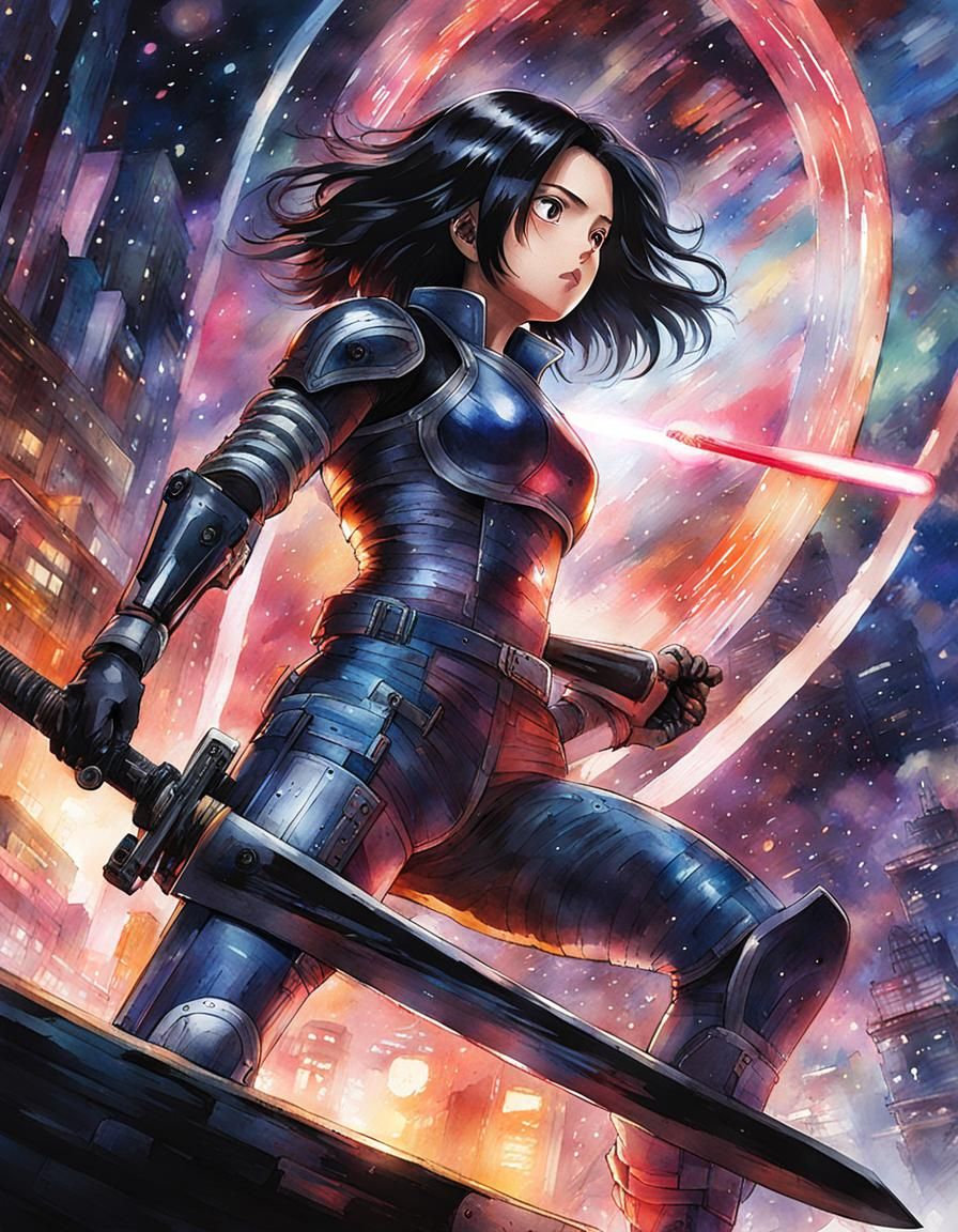 Alita in Berserker Armor Watercolor Illustration