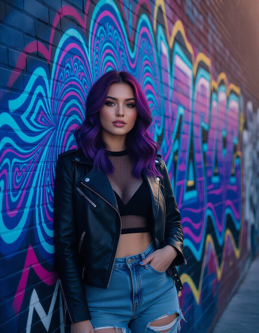 Street Fashion: Purple Hair Woman Against Graffiti Wall