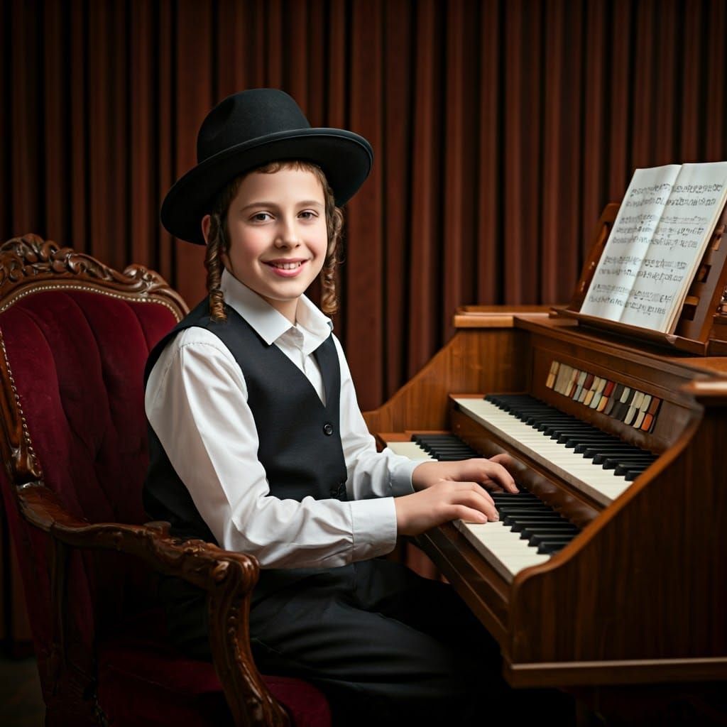 Boy Plays Organ in Traditional Jewish Clothing