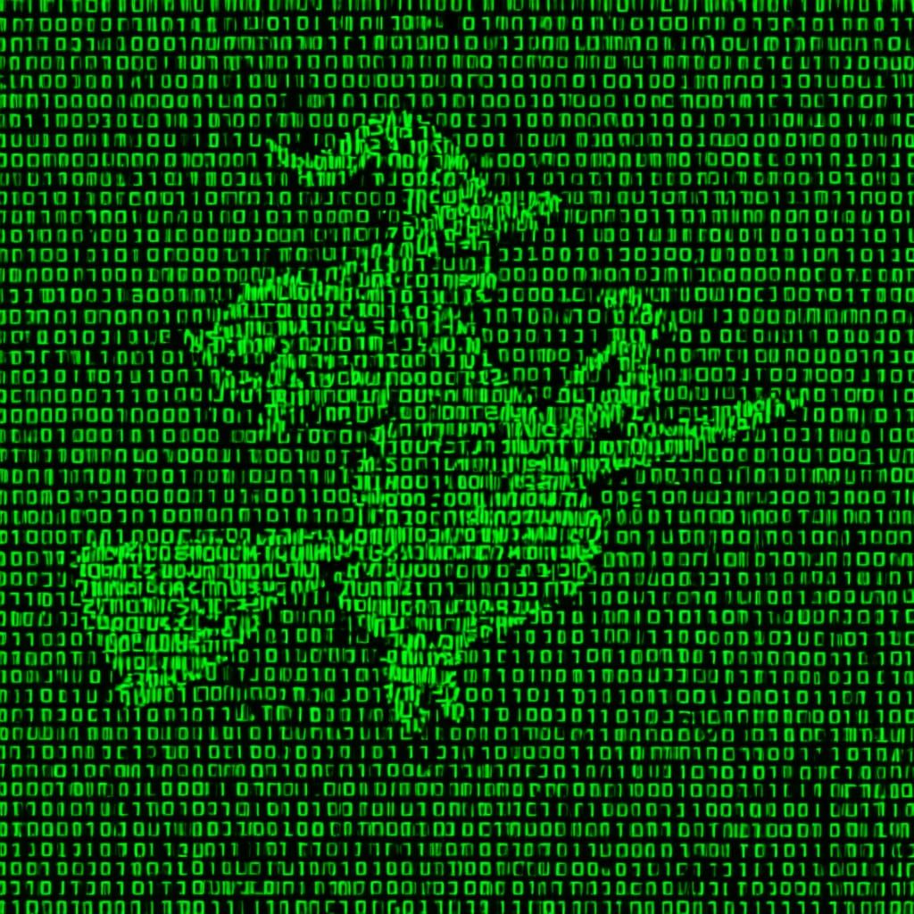 Holographic Witch and Cat in Binary Art Style