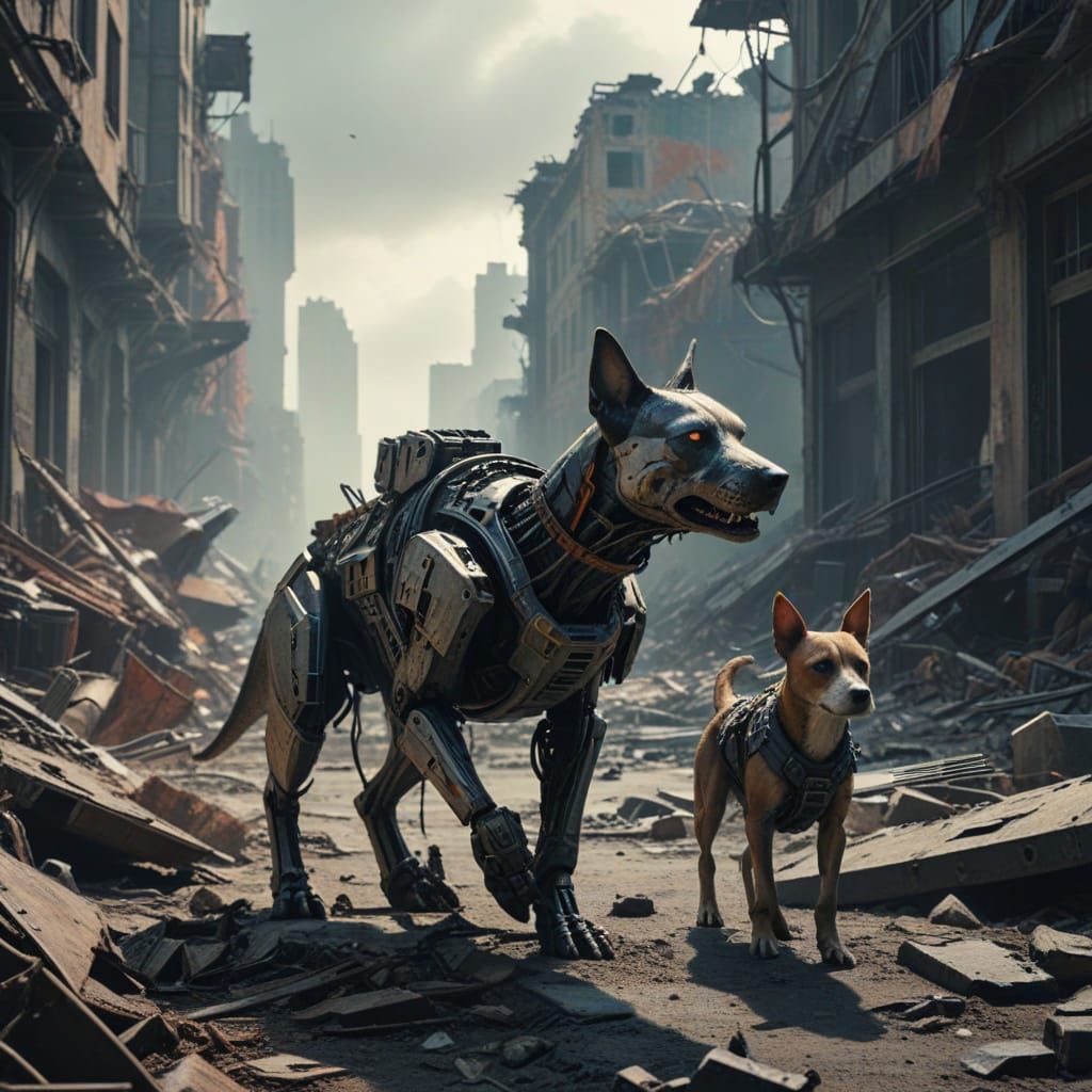 Cyborg and Dog in Post-Apocalyptic City