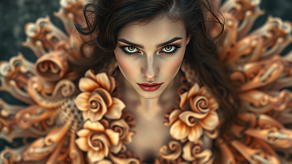 Enigmatic Woman in Fractal Floral Attire, Aerial View