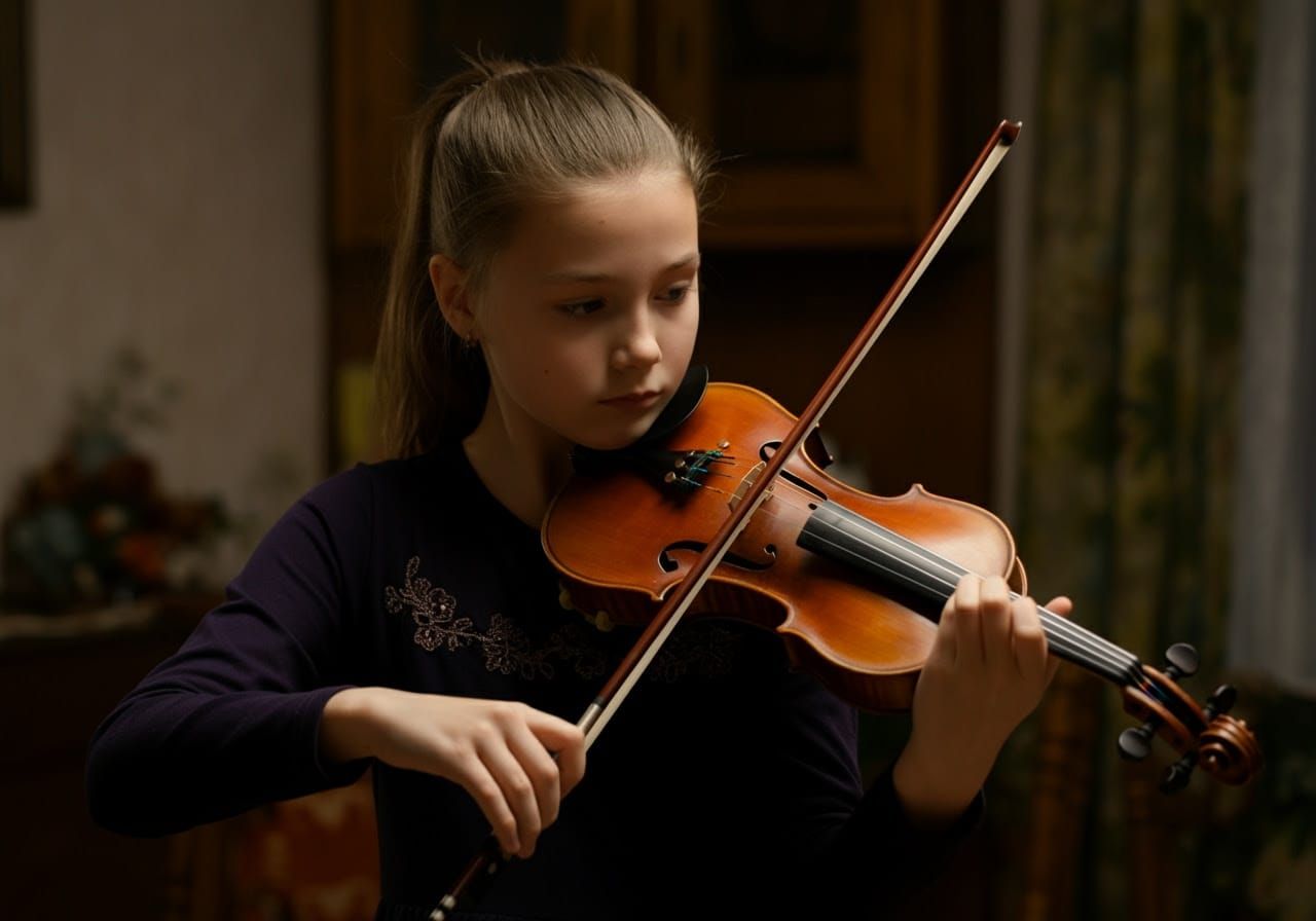 Young Violinist in a Warm Homely Setting