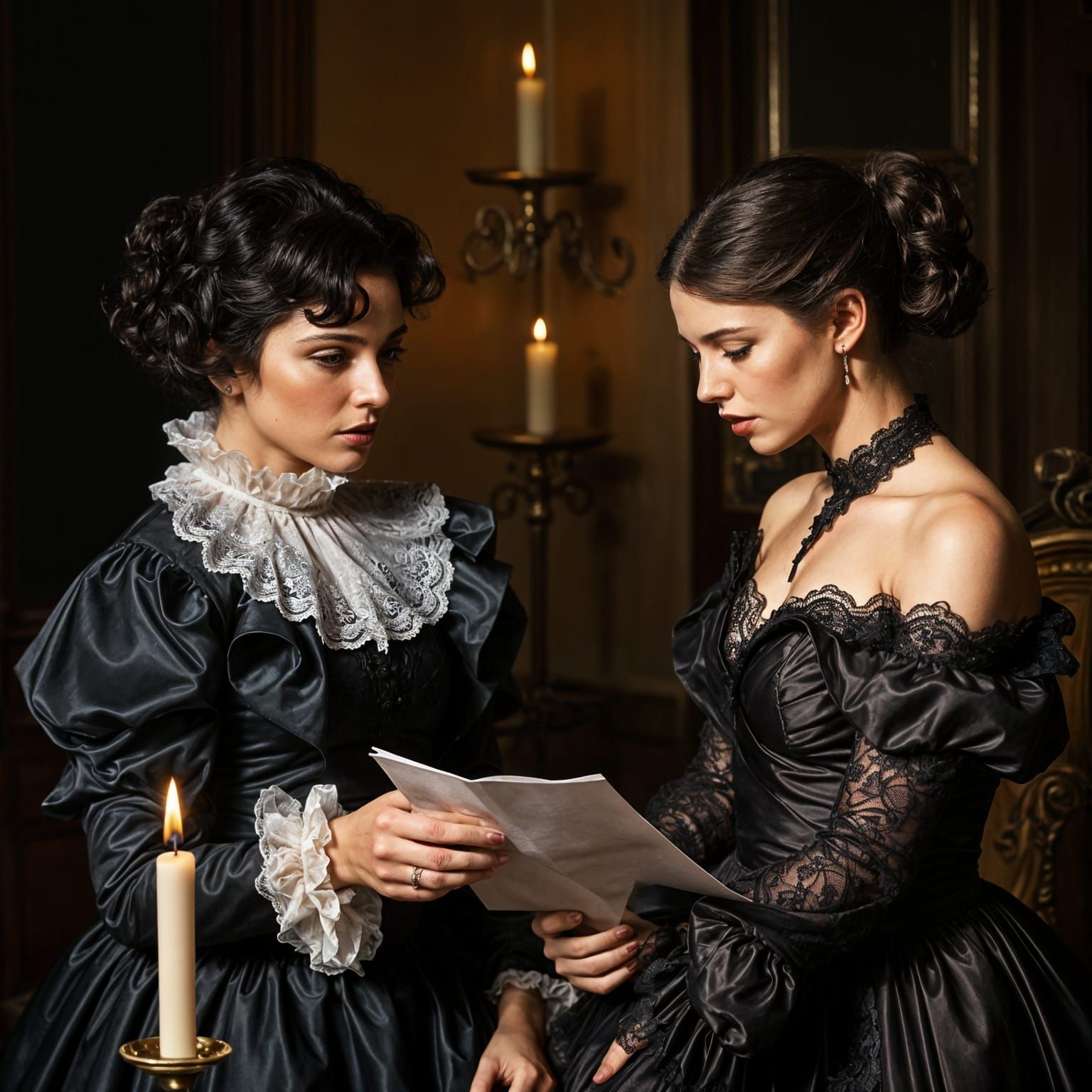 Women in Candlelight Discussing Letter, Baroque Style