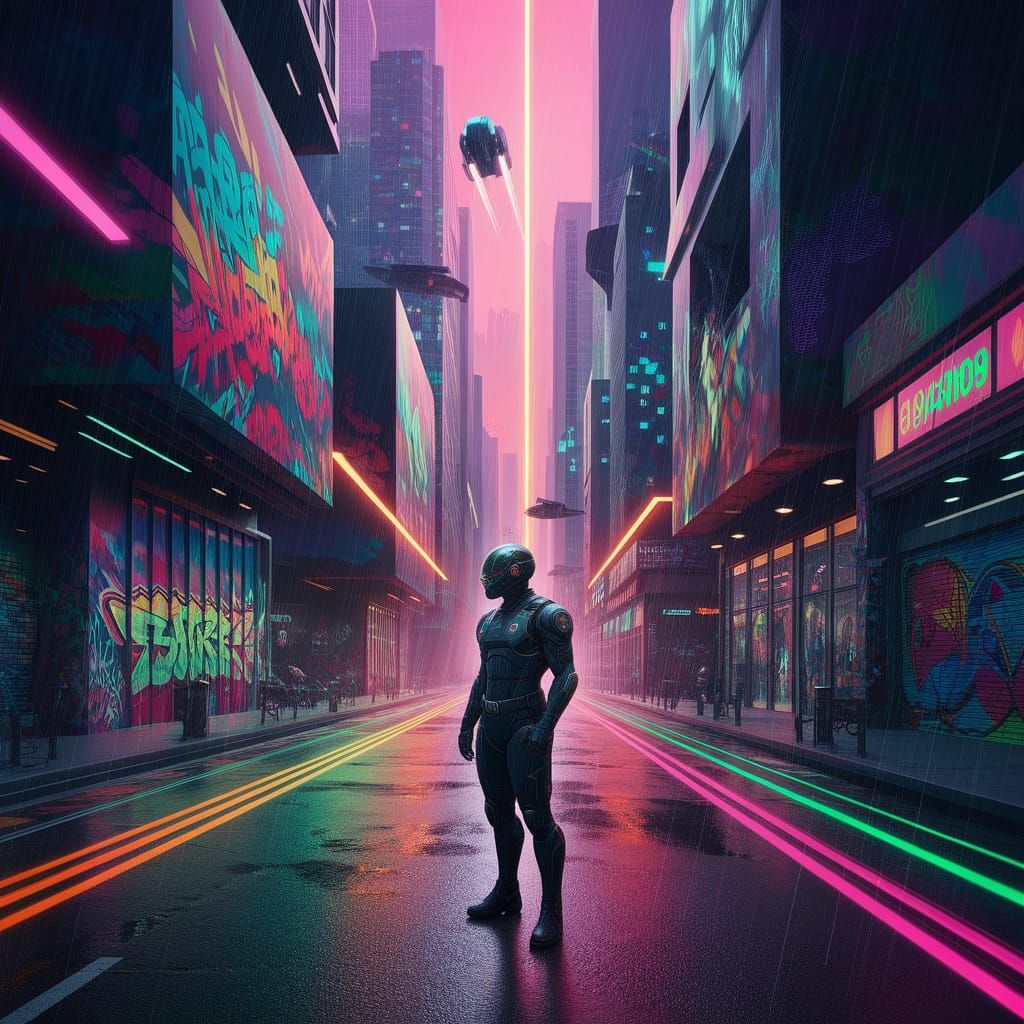 Cyberpunk Graffiti Cityscape with Flying Cars
