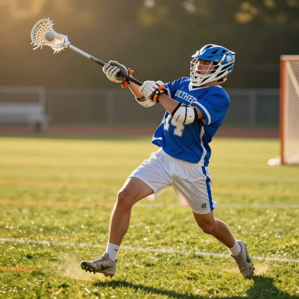 Dynamic Lacrosse Player Captures Ball in Mid-Air