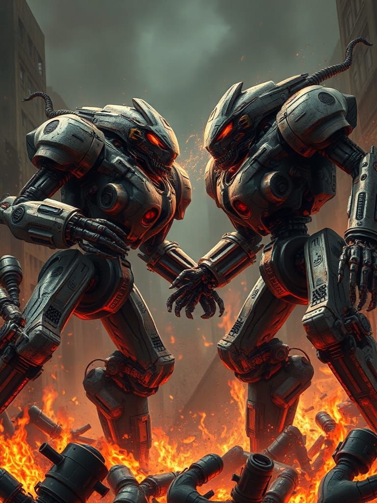 Mech Robots Clash in War-Torn Cityscape