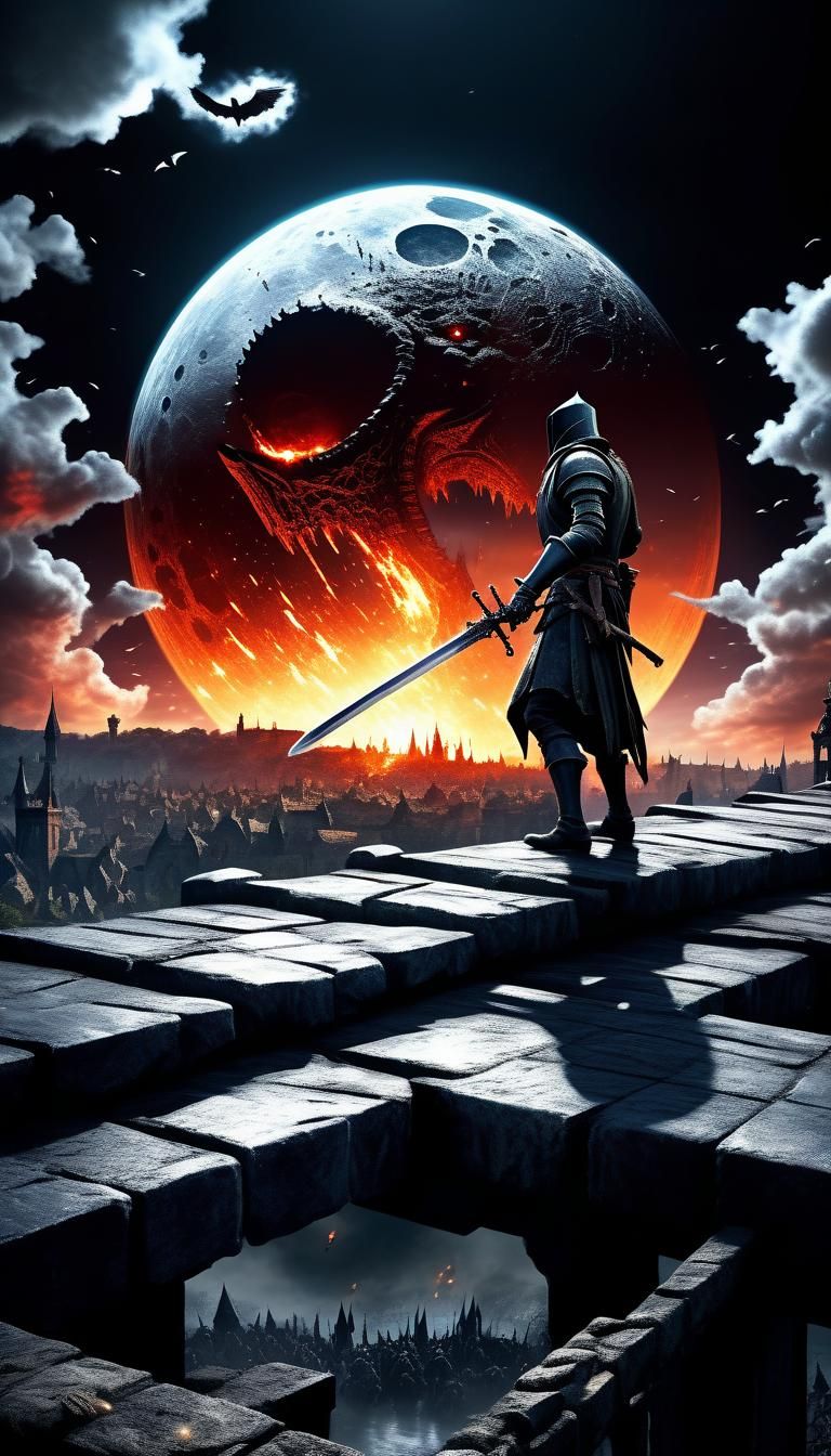 Epic Knight Battle Under Moon in Digital Painting