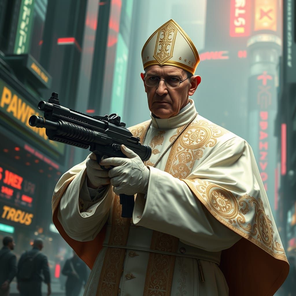Pope Wields Guns in Matrix-Inspired Cyberpunk Cityscape