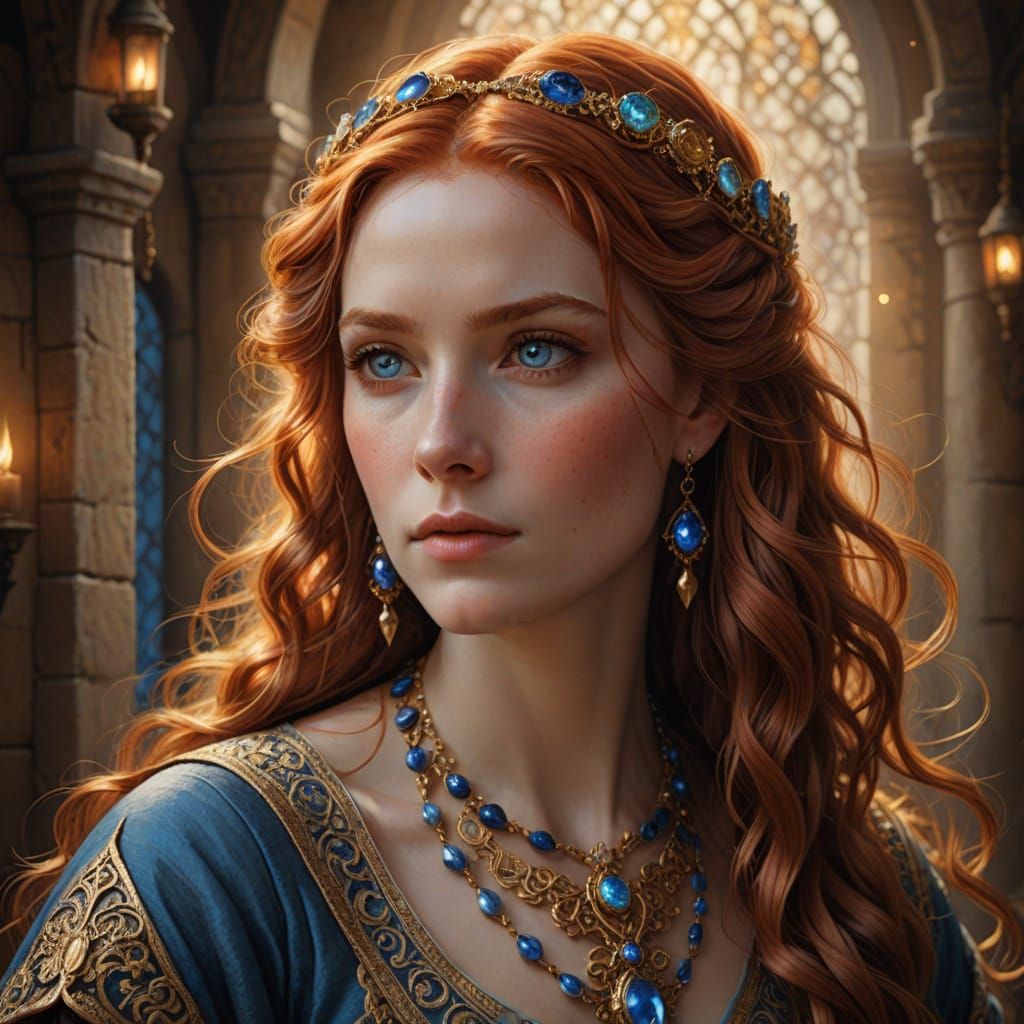 Ethereal Red-Haired Beauty in Ornate Medieval Attire