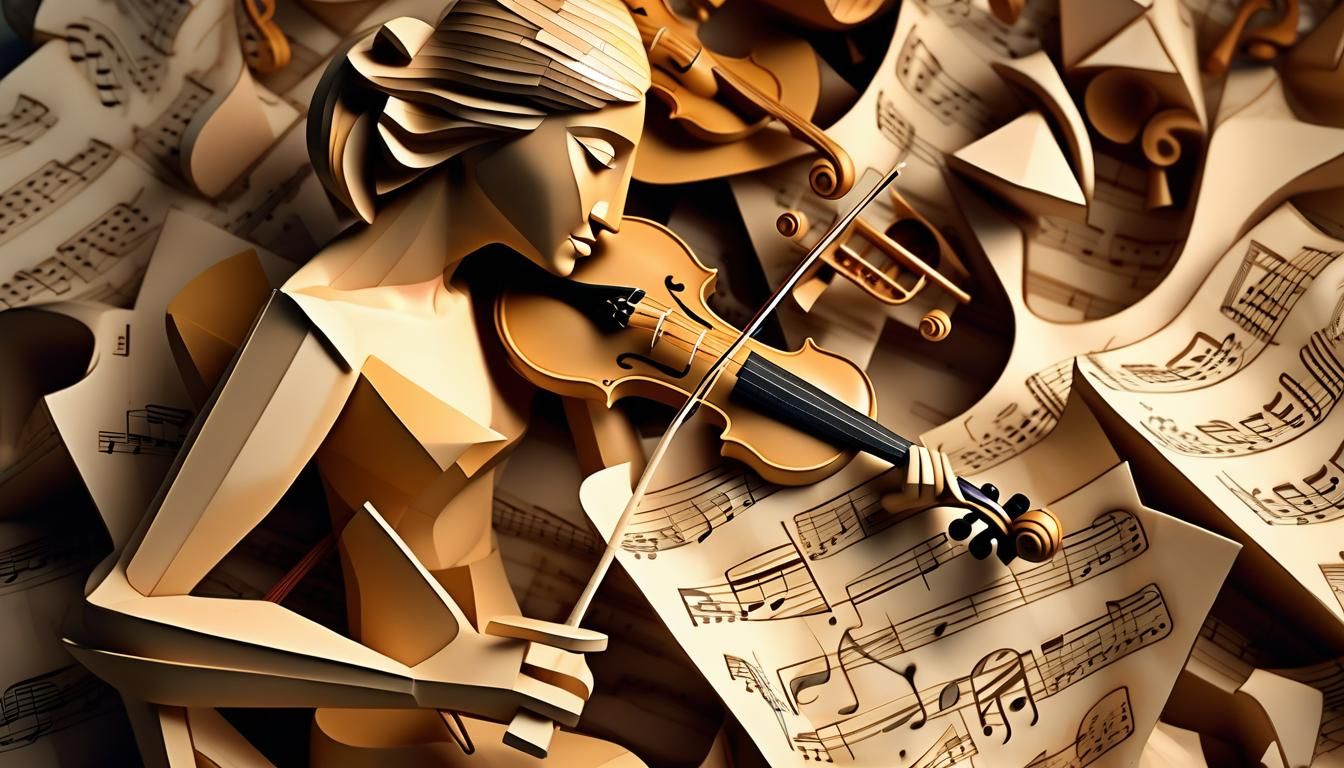 Cubist Violinist Sculpture with Broken Instruments