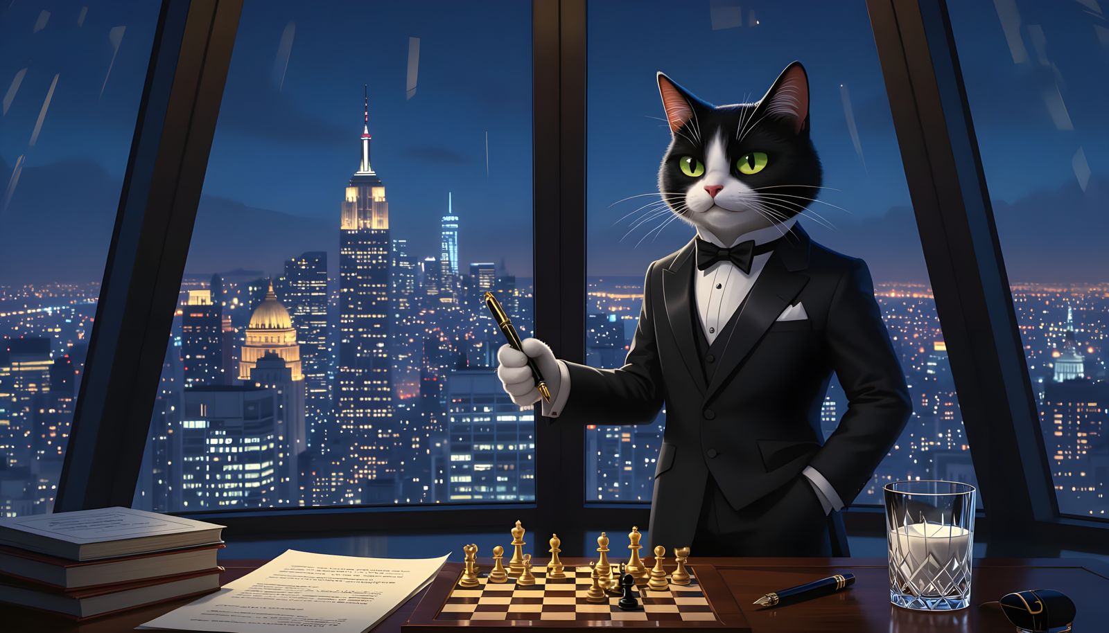 Cat in Suit Overlooking City, in Noir Cartoon Style