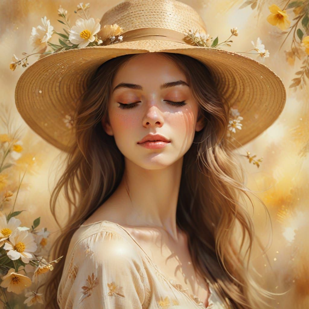 Impressionist Portrait of Woman in Flowered Straw Hat