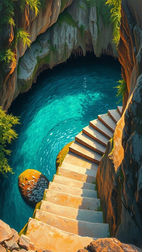 ancient stone stairs descending the side of a cliff into a lush  cenote pool cavern with turquoise water and golden-oran...