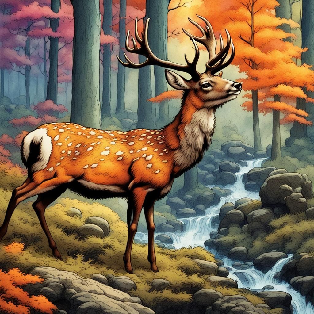 Beautiful fantaasy deer,   forest background, midshot, by ar...