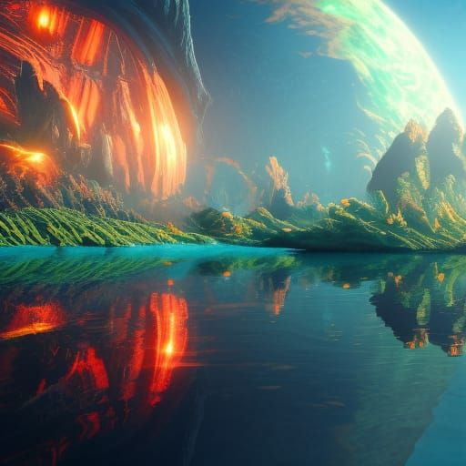 Glistening Planet Floating on Water: Digital Matte Painting