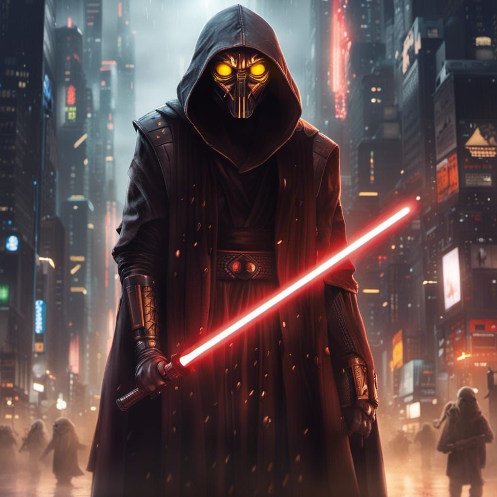 Sith Lord in Rainy Cyberpunk Cityscape