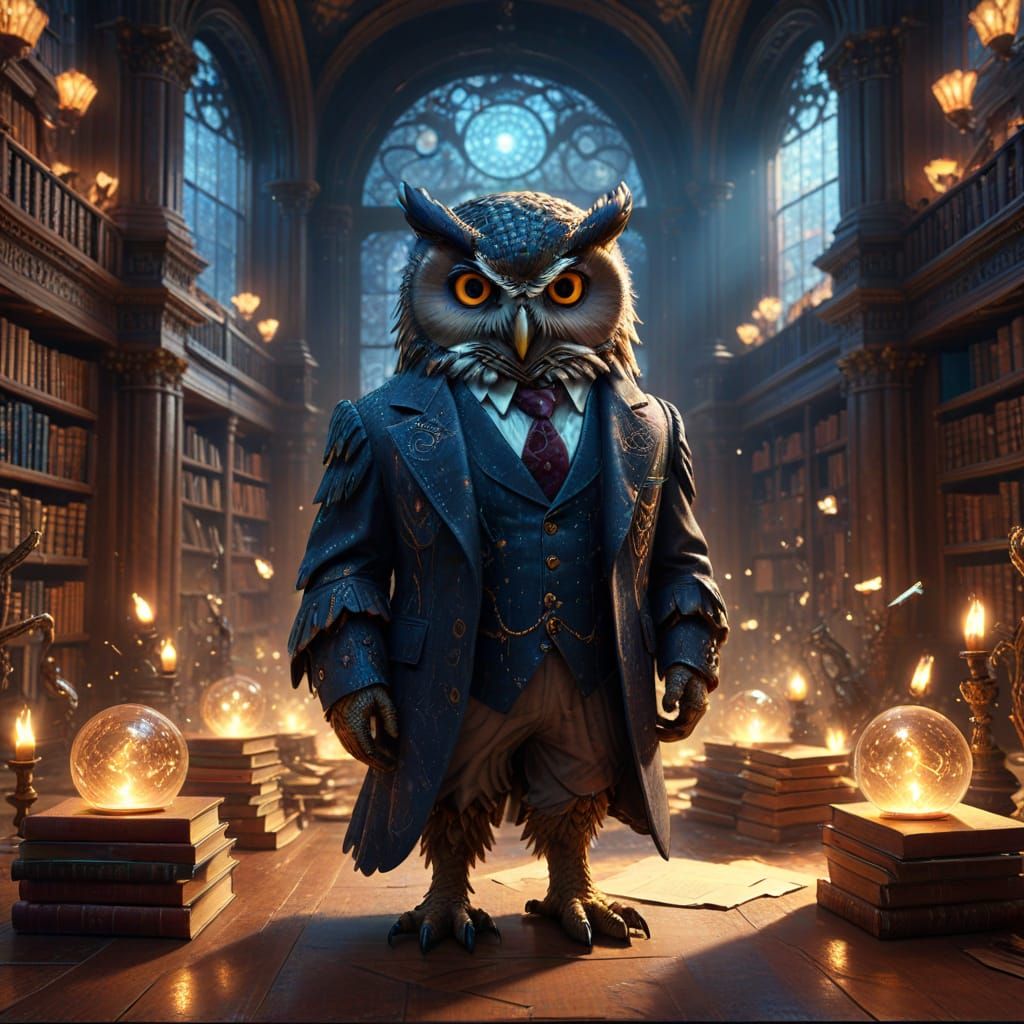 Wise Owl in Library: Fantasy Concept Art
