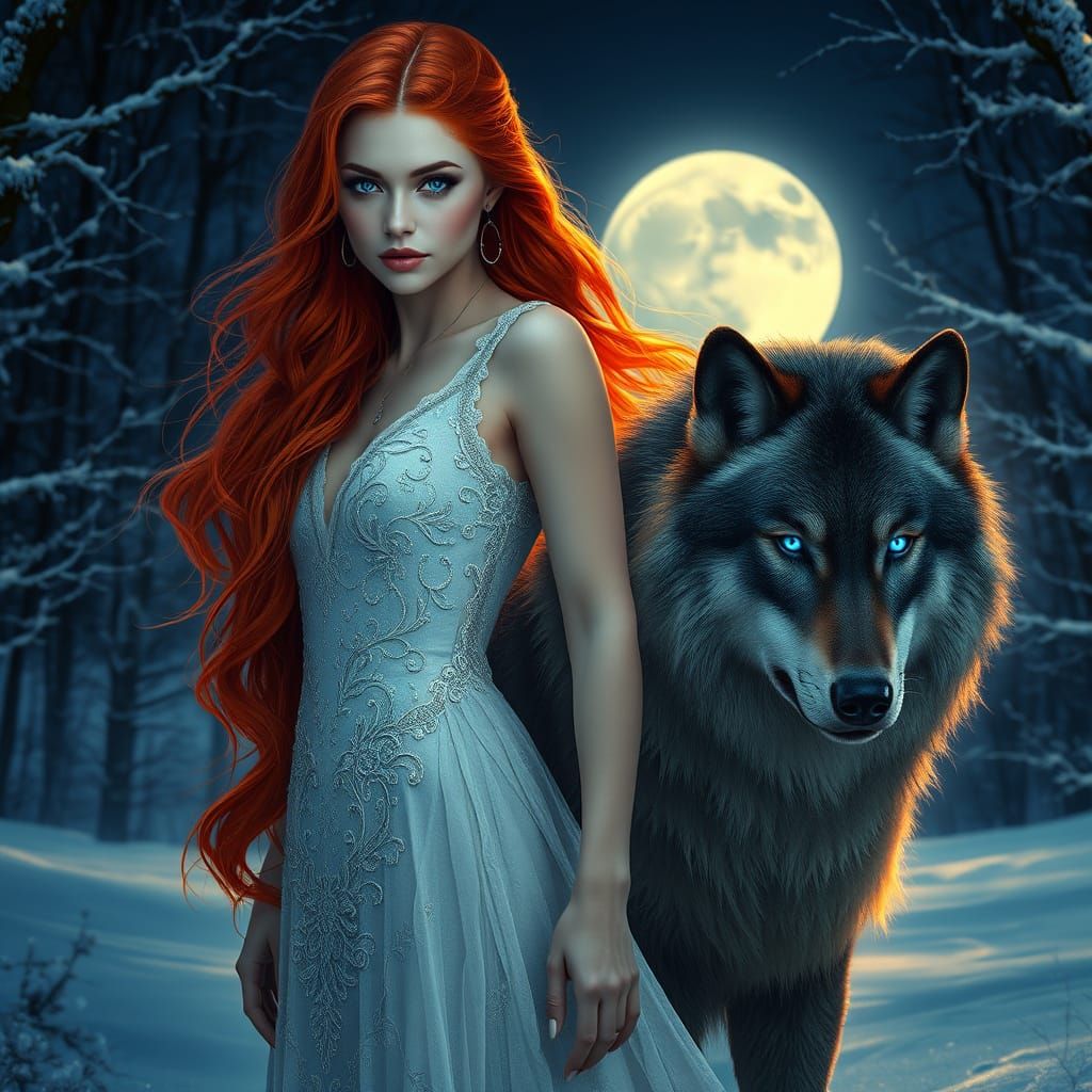 Ethereal Woman in Snowy Forest with Fiery Red Hair and Mysti...