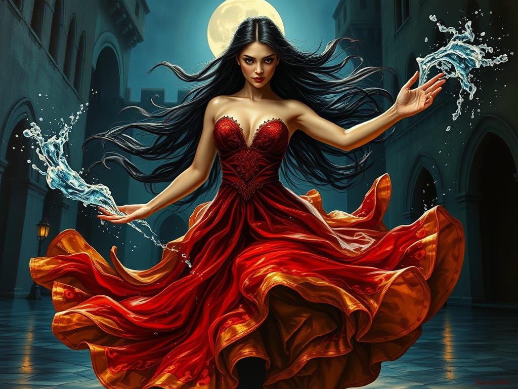 Vampire Sorceress in Midnight Castle Courtyard