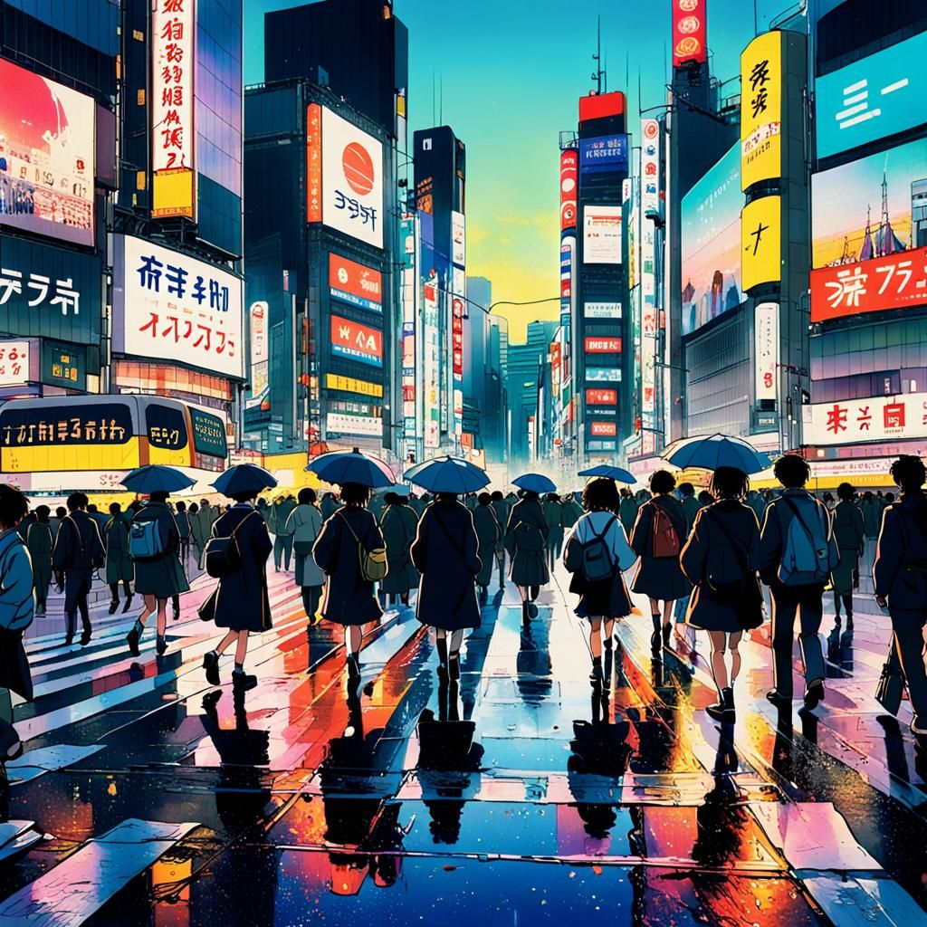 Shibuya Crossing in 1990s Anime Style
