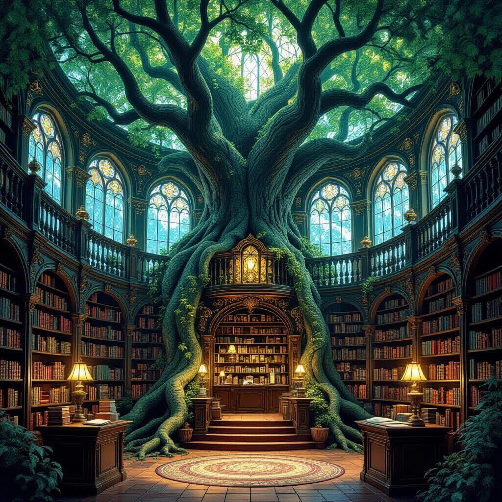 Mystical Tree Library in Art Nouveau Style
