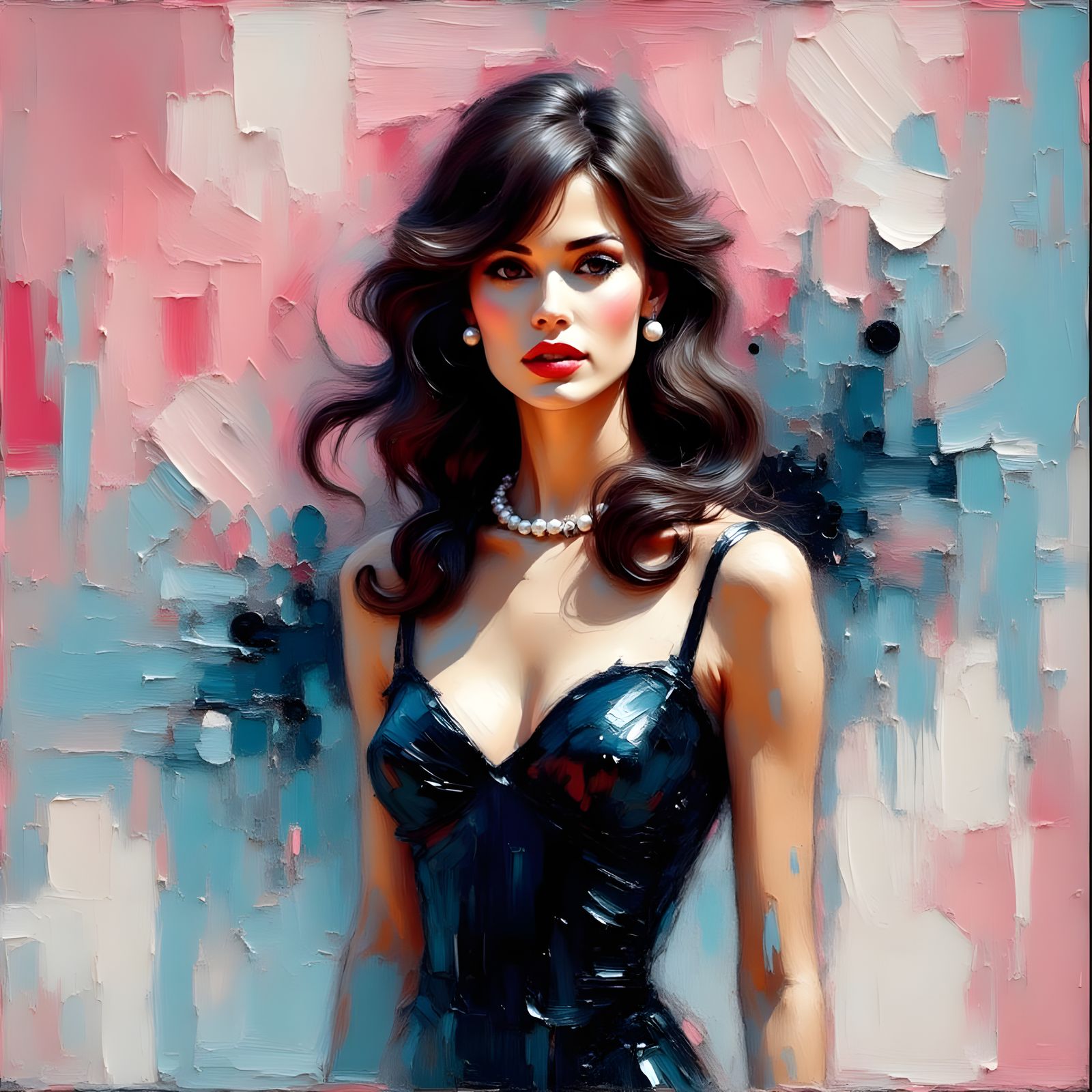 Elegant Brunette in Impasto Style Evening Dress