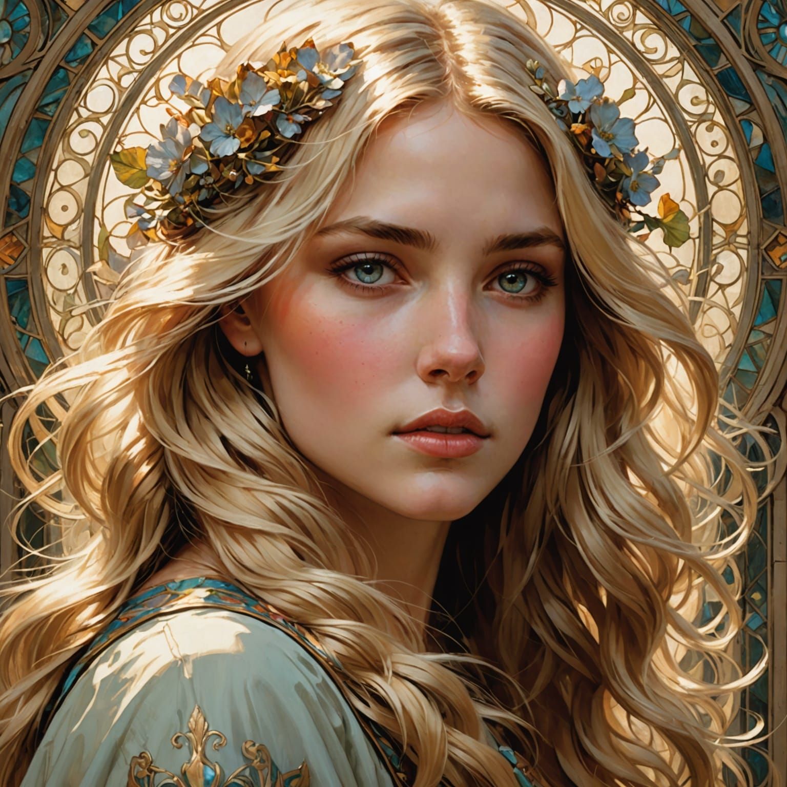 Youthful Goddess with Vibrant Hair and Deep-Set Eyes