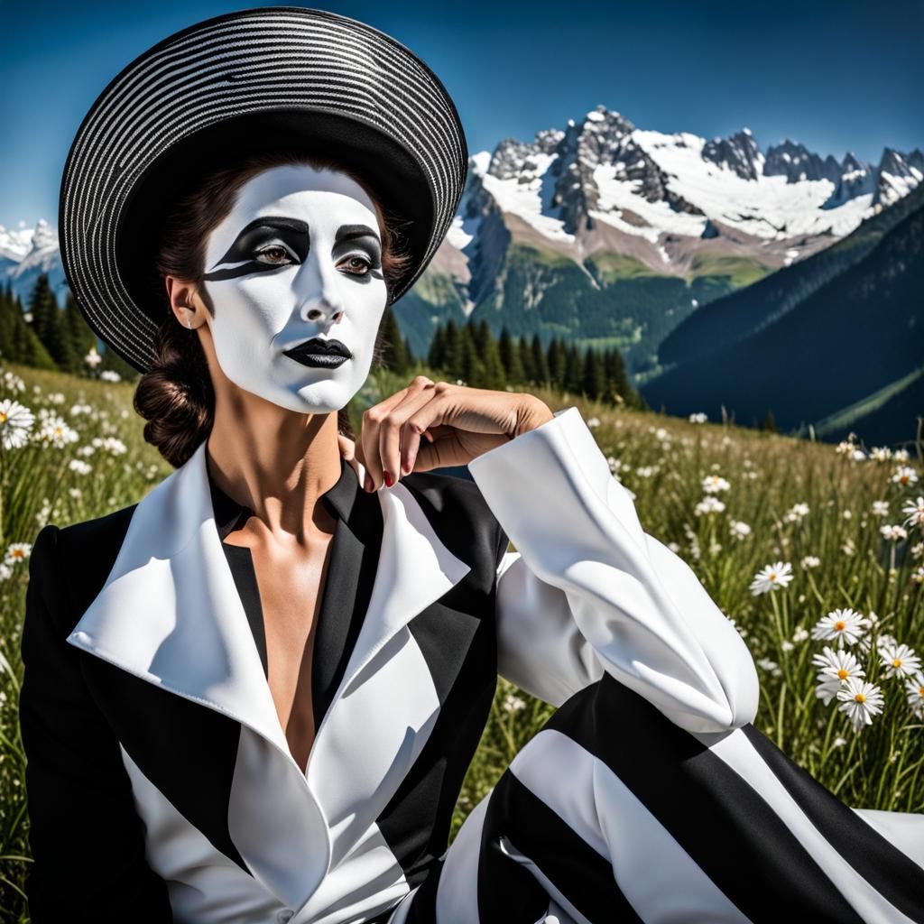 Elegant Mime Picnicking in Alpine Landscape