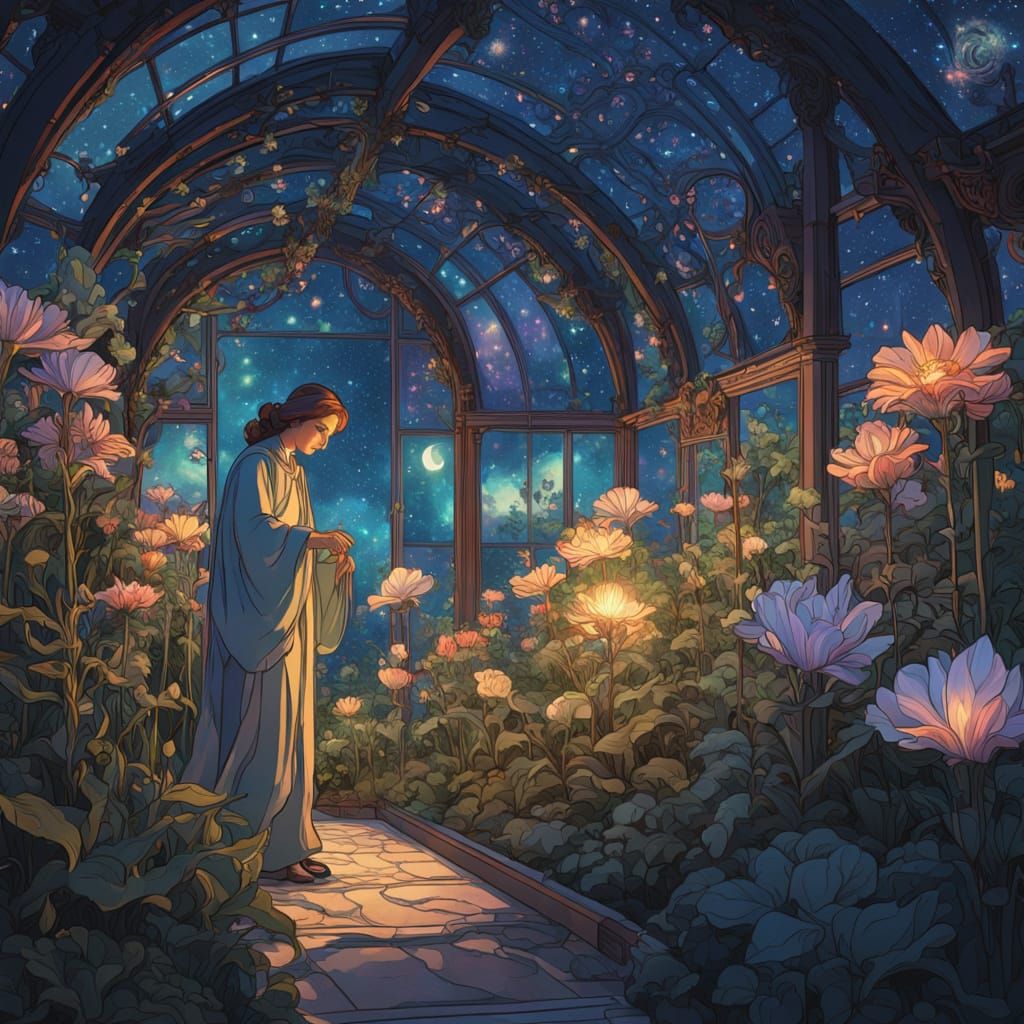 Celestial Gardener in Luminous Greenhouse: Art Nouveau Style